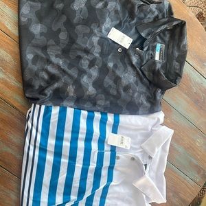 PGA tour golf polos new. Black camp and white with blue and black stripes.